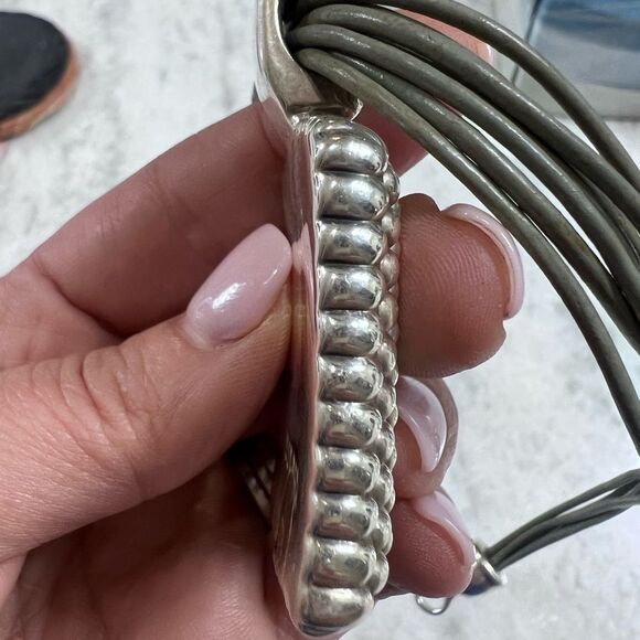 Artisan Olive Leather and Stamped Silver Pendant Necklace - Picture 15 of 15